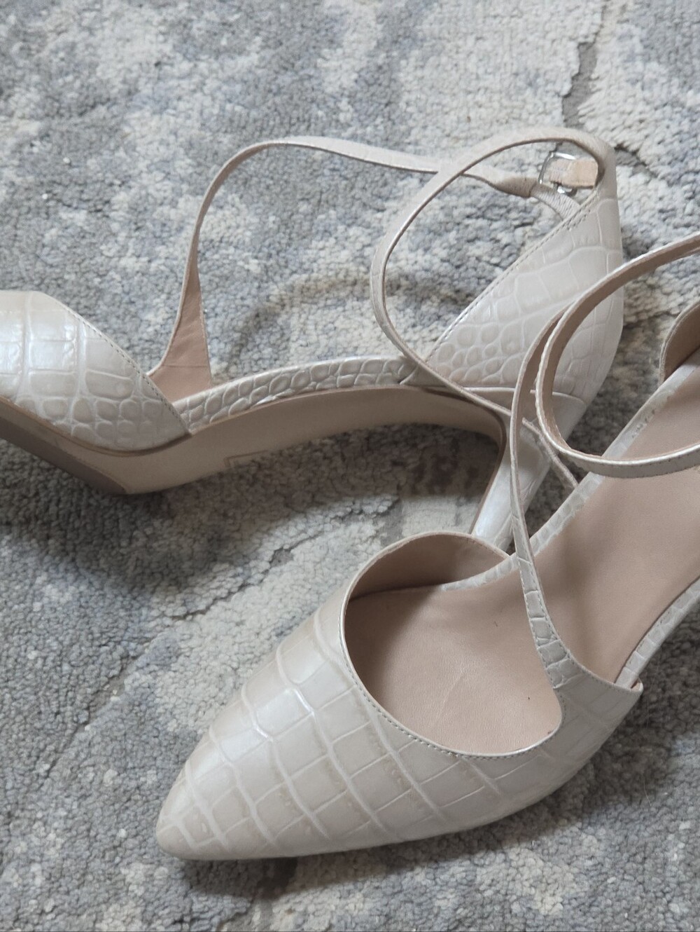 27 EDIT Cream Croc-Embossed Pointed-Toe Ankle Strap Heels